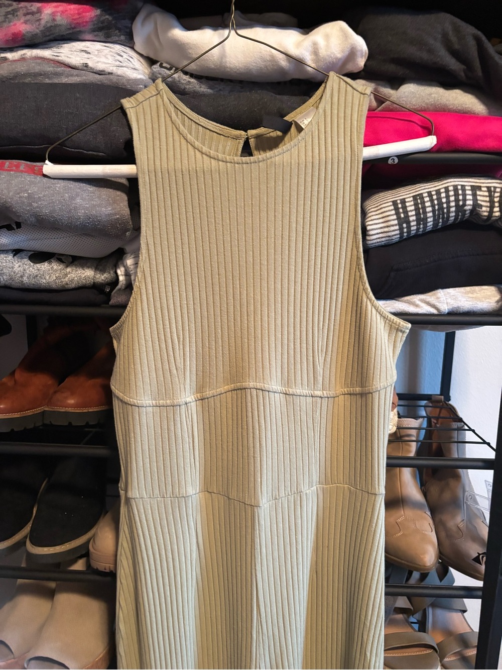Divided Sleeveless Ribbed Midi Dress in Olive Green